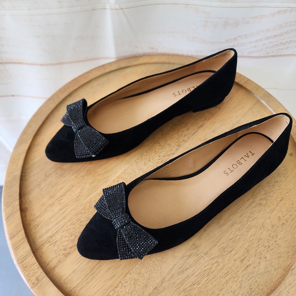 Talbots Edison Black Suede Flats With Bow